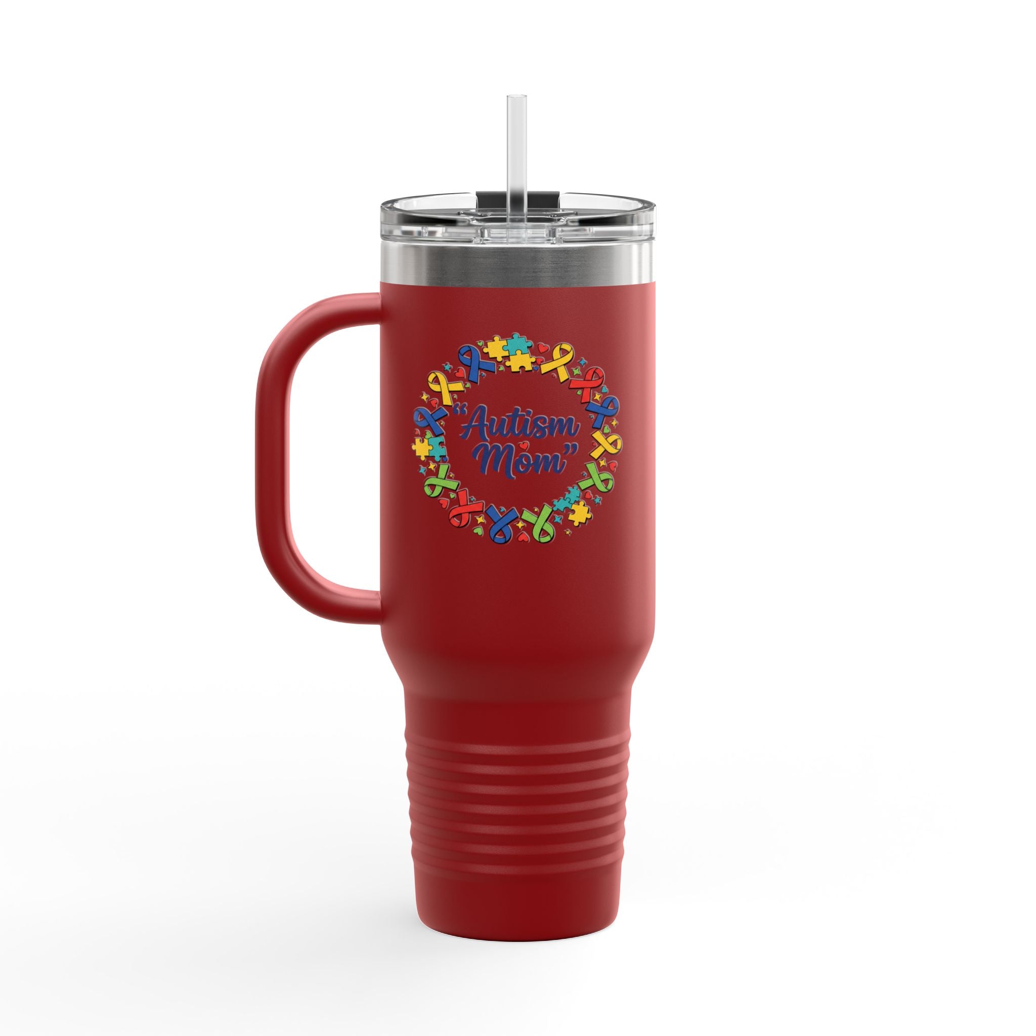 Autism Mom 40oz Insulated Travel Mug — Colorful Puzzle Ribbon Wreath