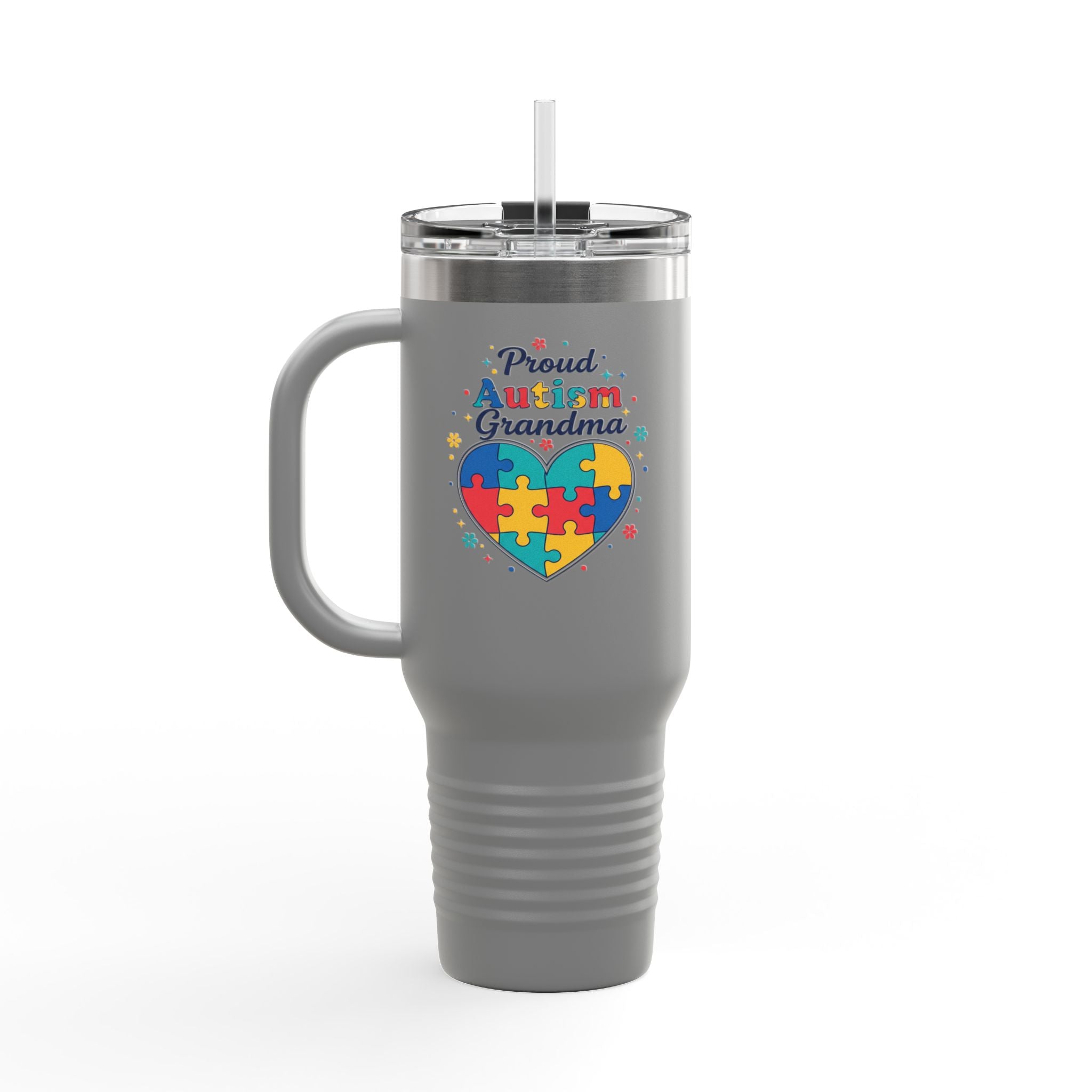 Proud Autism Grandma 40oz Insulated Travel Mug — Puzzle Heart Thermal Tumbler