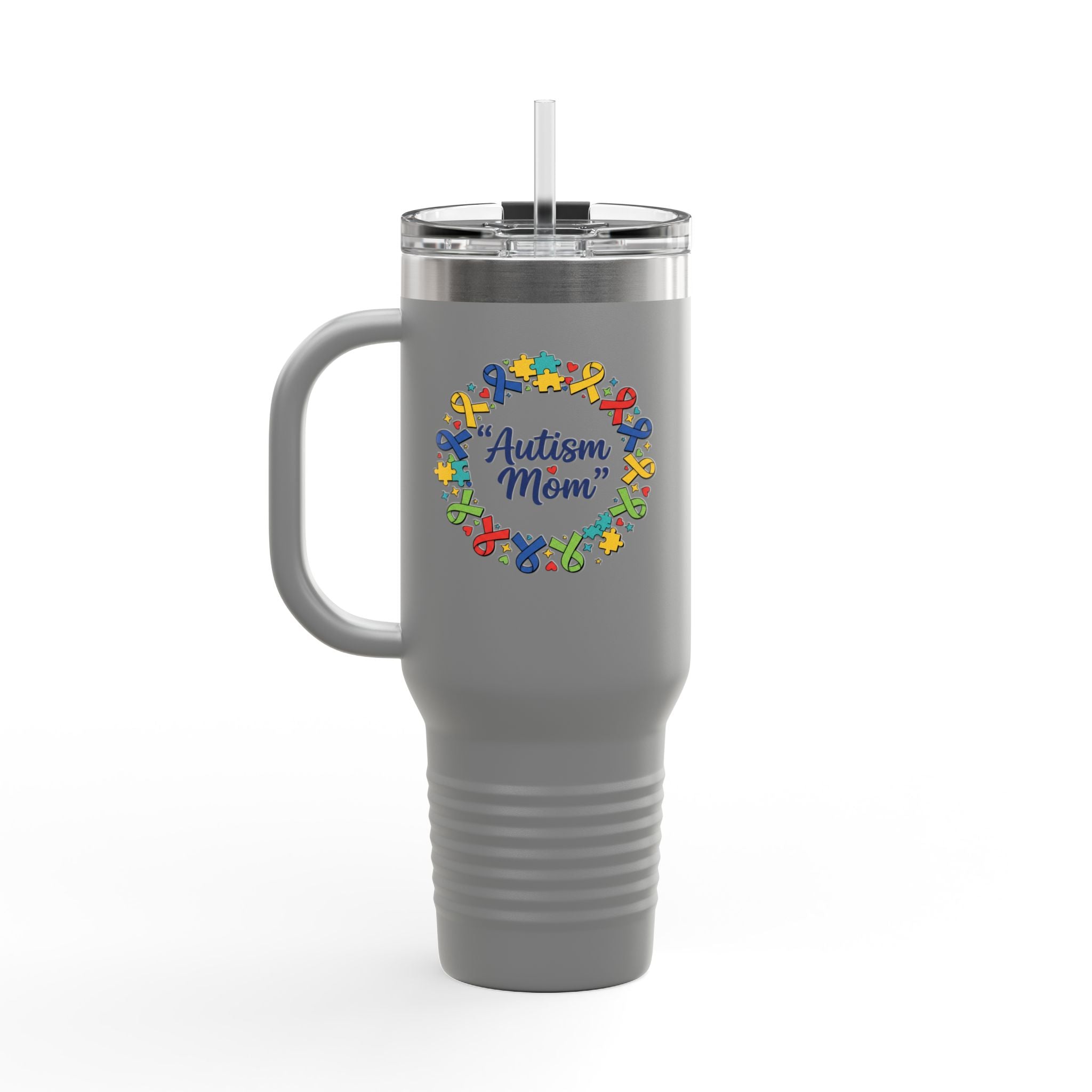 Autism Mom 40oz Insulated Travel Mug — Colorful Puzzle Ribbon Wreath