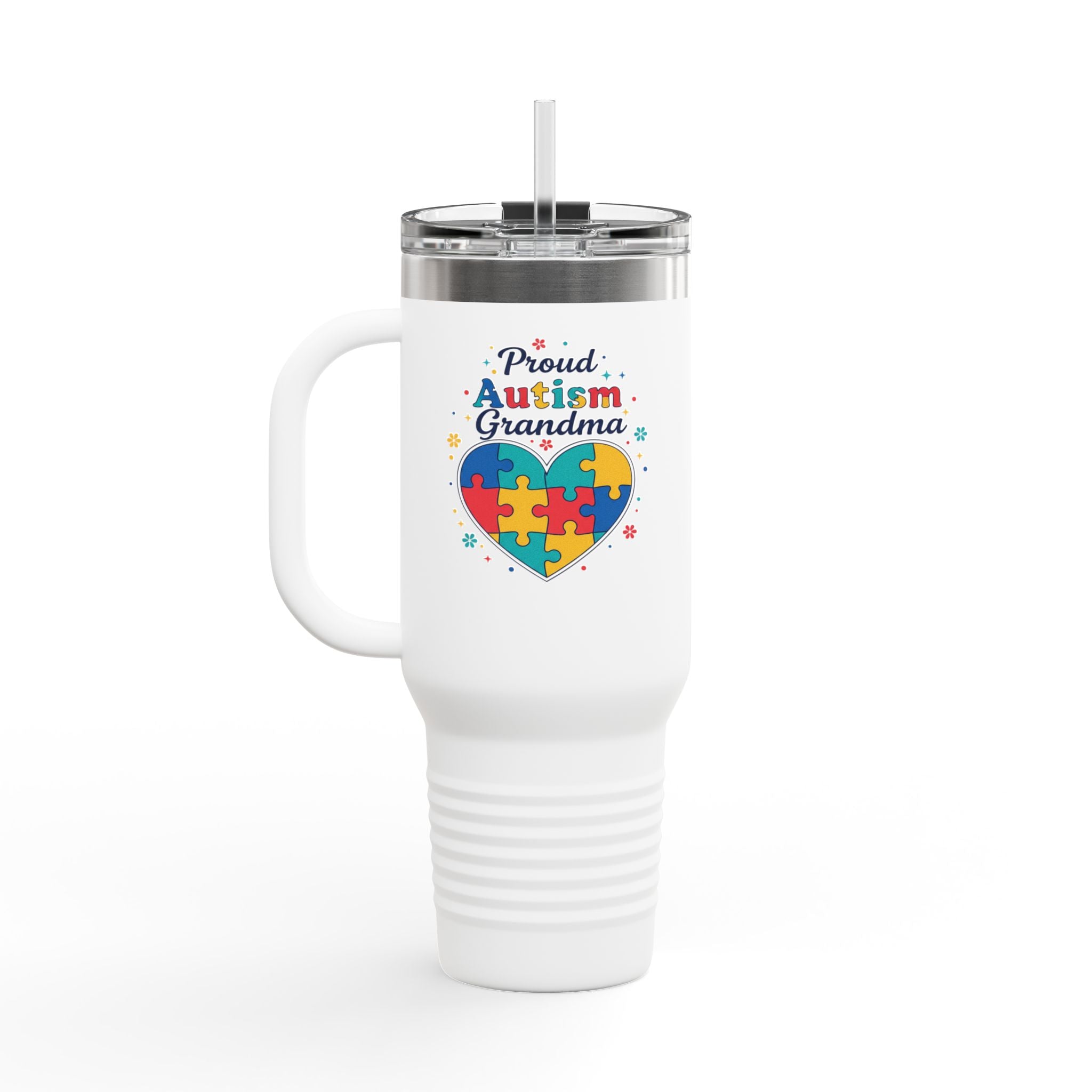 Proud Autism Grandma 40oz Insulated Travel Mug — Puzzle Heart Thermal Tumbler