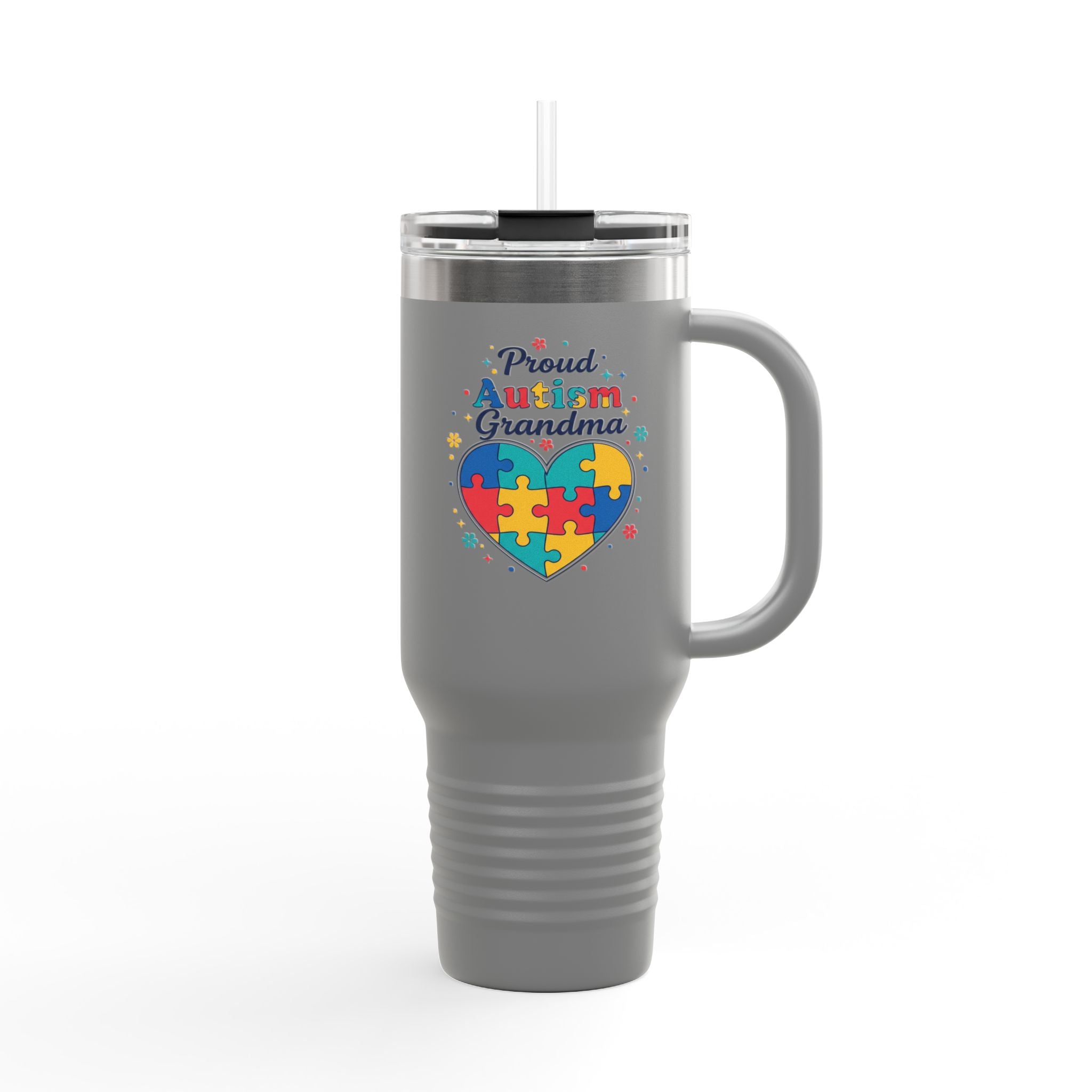 Proud Autism Grandma 40oz Insulated Travel Mug — Puzzle Heart Thermal Tumbler