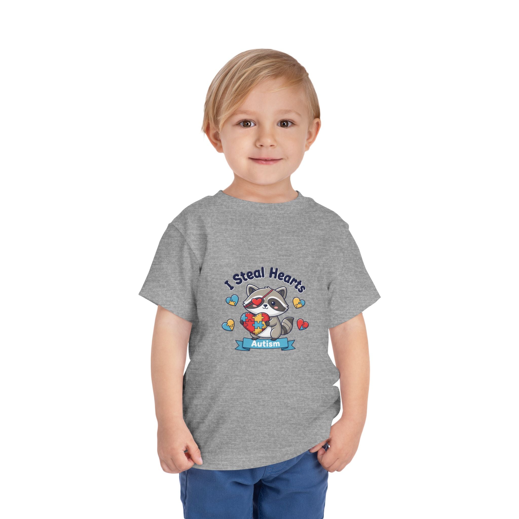Autism Toddler Tee — "I Steal Hearts" Raccoon Design (Back: Powered by Love Inspired by Gigi)