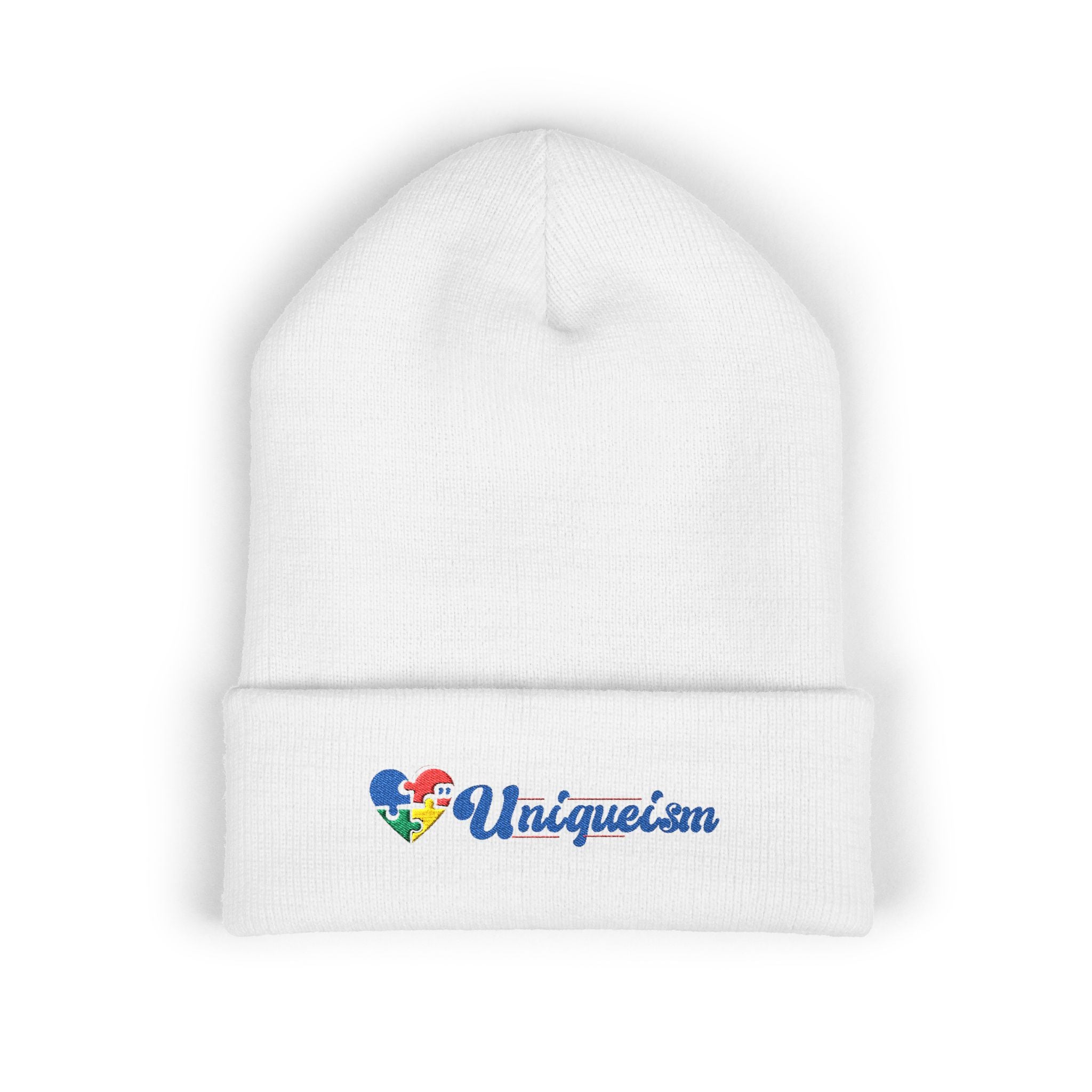Embroidered "Unique'ism" Heart Beanie — Classic Cuffed Knit Hat