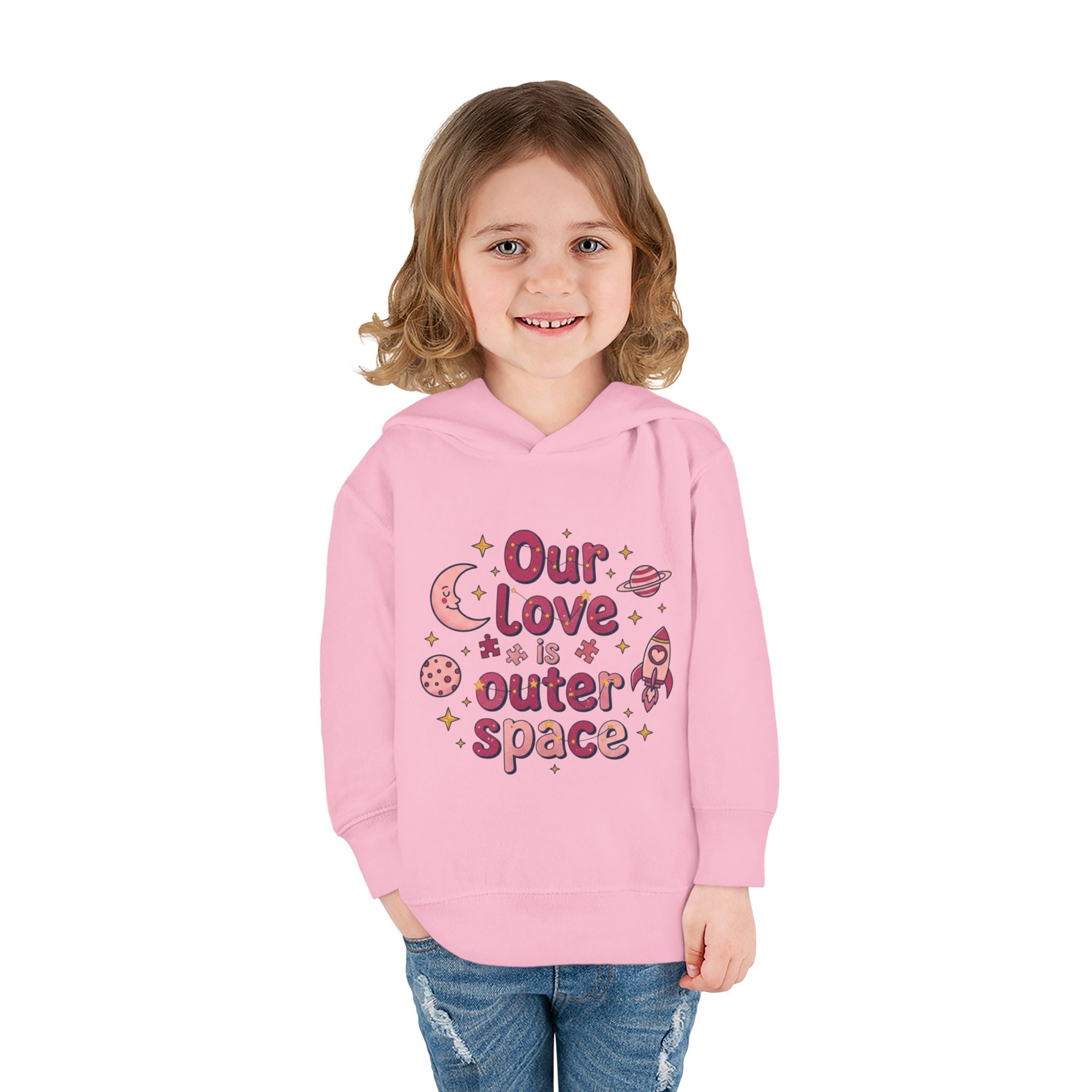 Toddler Hoodie — "Our Love Is Outer Space" Cute Rocket & Planets Pullover