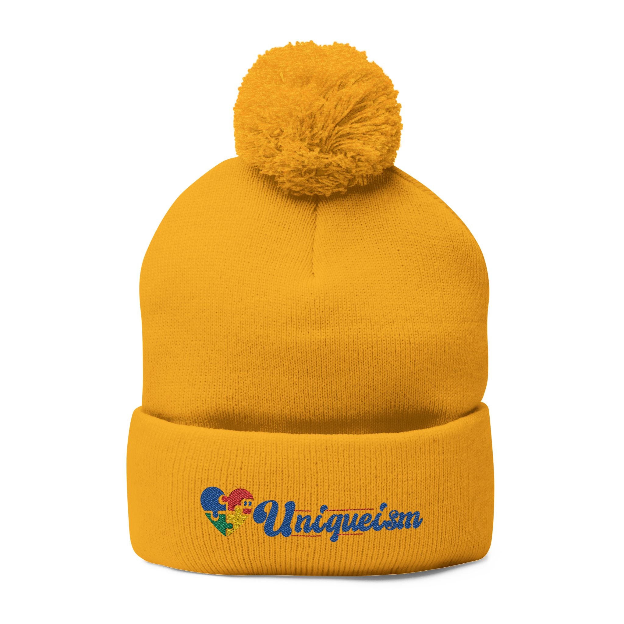Embroidered Pom-Pom Beanie — Colorful Heart Logo Knit Cap