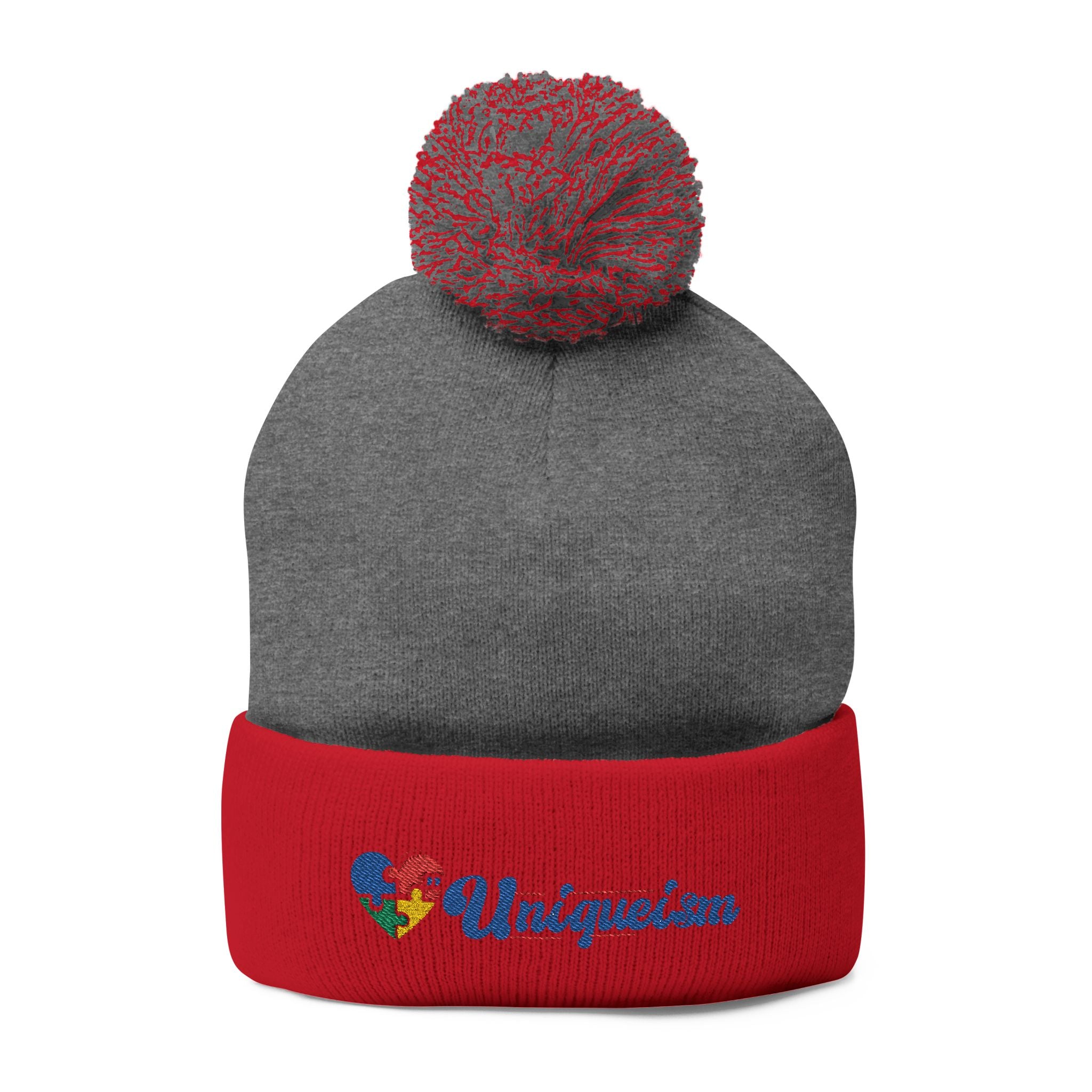 Embroidered Pom-Pom Beanie — Colorful Heart Logo Knit Cap