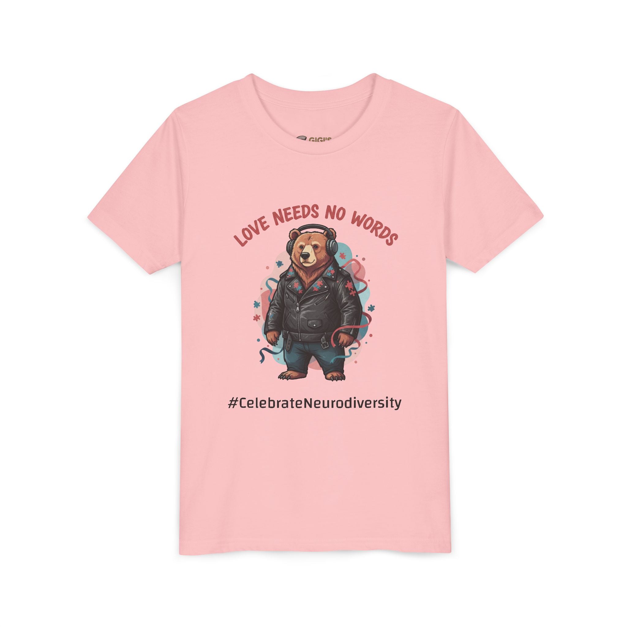 Youth Tee — "Love Needs No Words" Bear Graphic (Gigi's Glimmer)