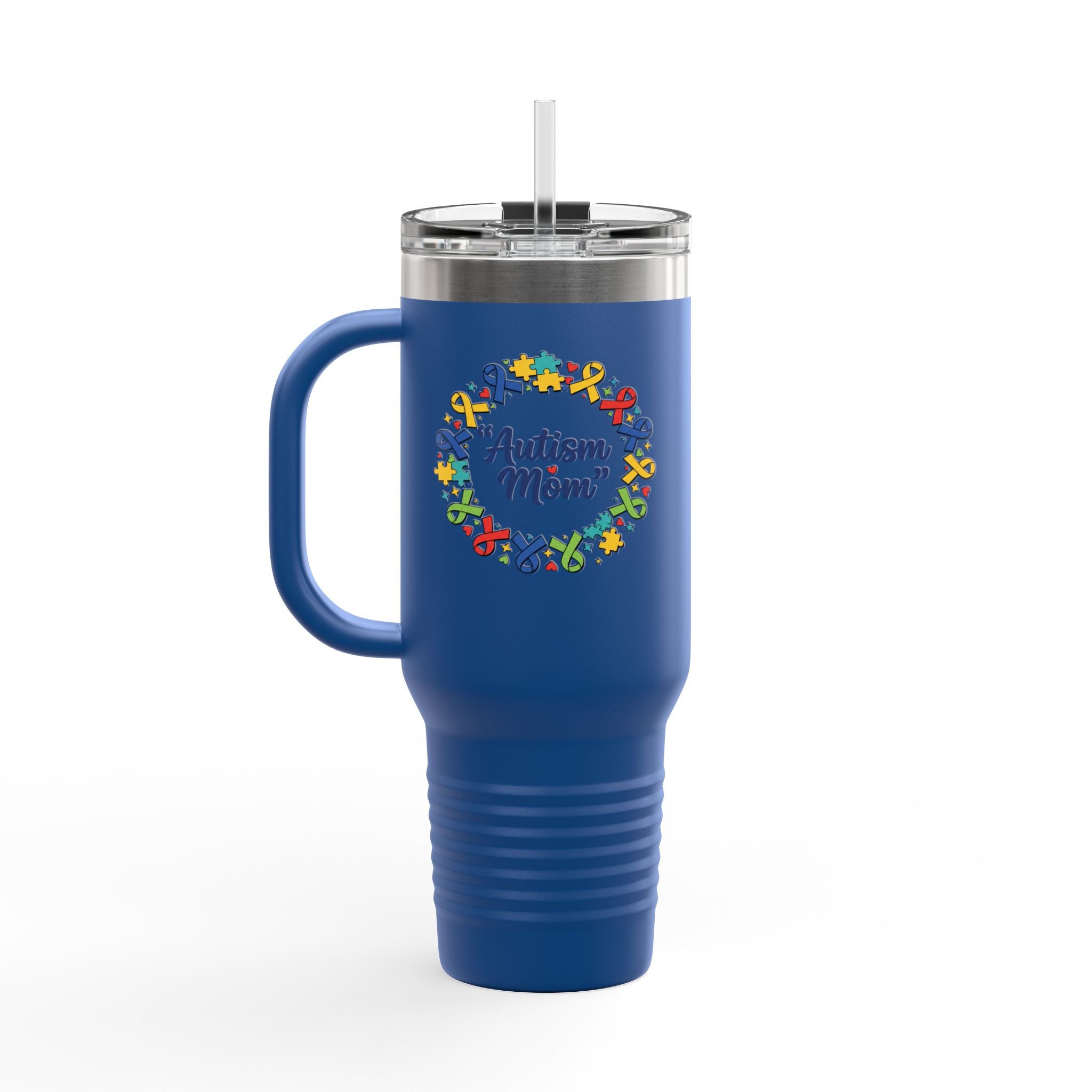 Autism Mom 40oz Insulated Travel Mug — Colorful Puzzle Ribbon Wreath