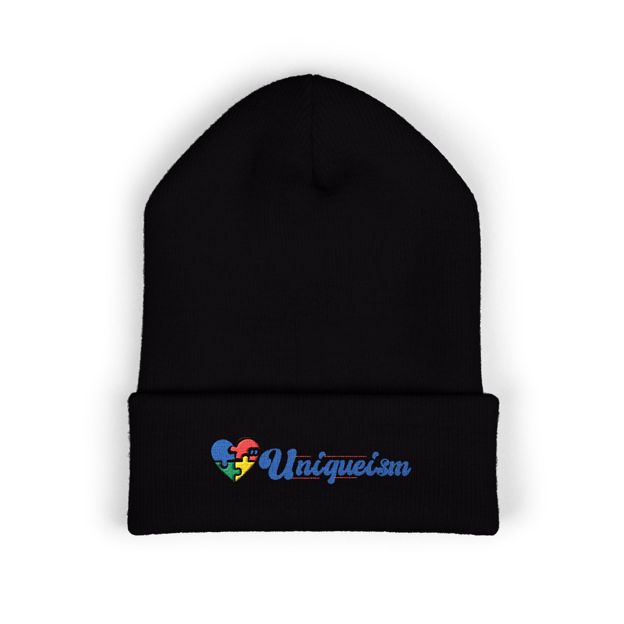Embroidered "Unique'ism" Heart Beanie — Classic Cuffed Knit Hat