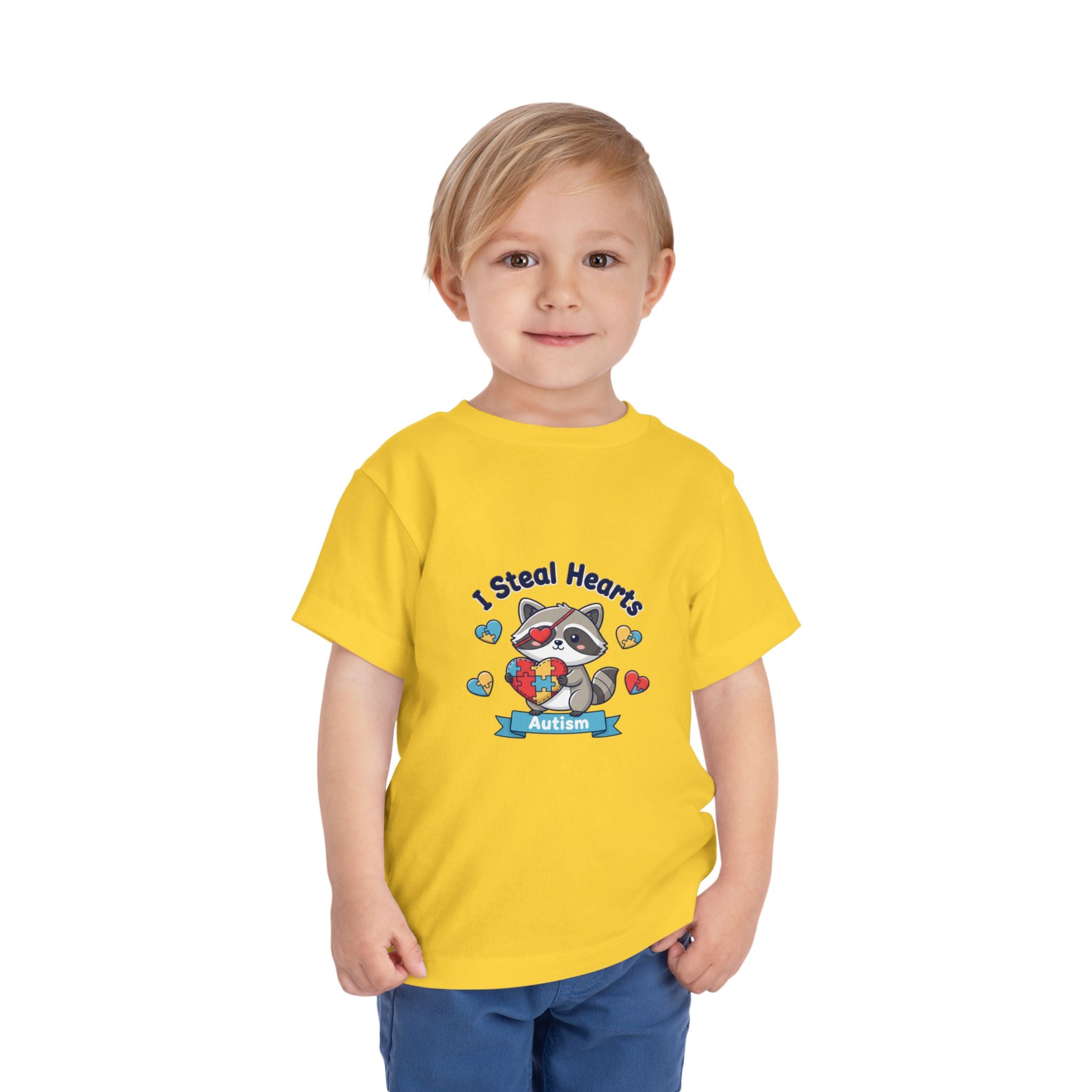 Autism Toddler Tee — "I Steal Hearts" Raccoon Design (Back: Powered by Love Inspired by Gigi)
