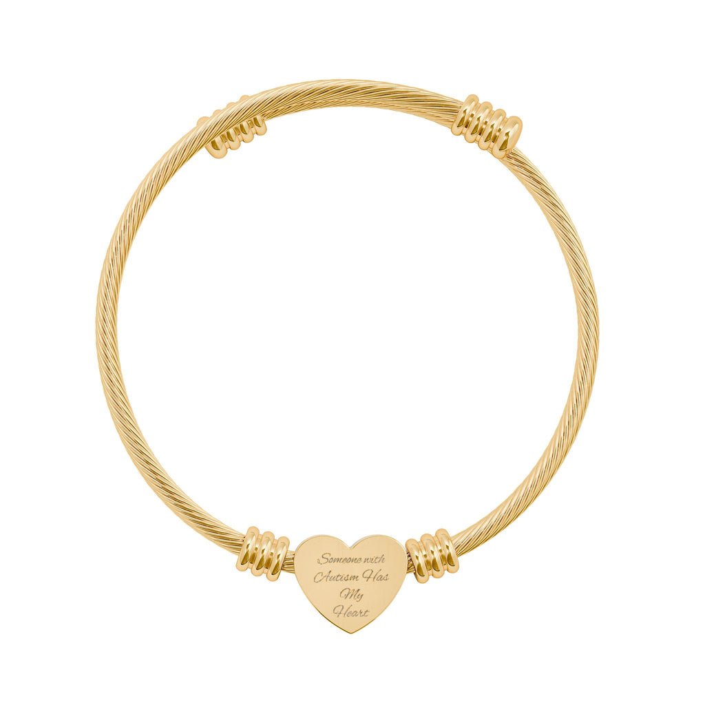 Engravable Heart Cuff Bracelet — Personalized Cable Wire Bangle (Gold or Silver)