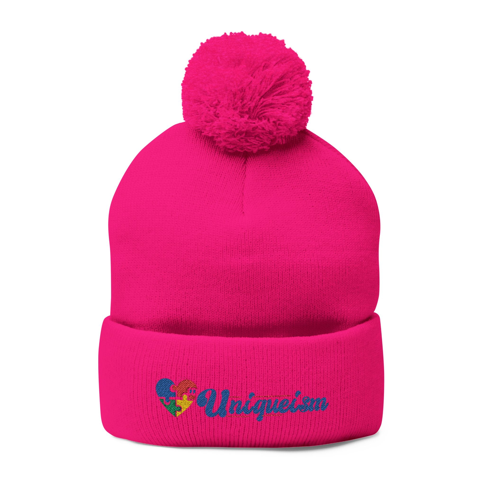 Embroidered Pom-Pom Beanie — Colorful Heart Logo Knit Cap