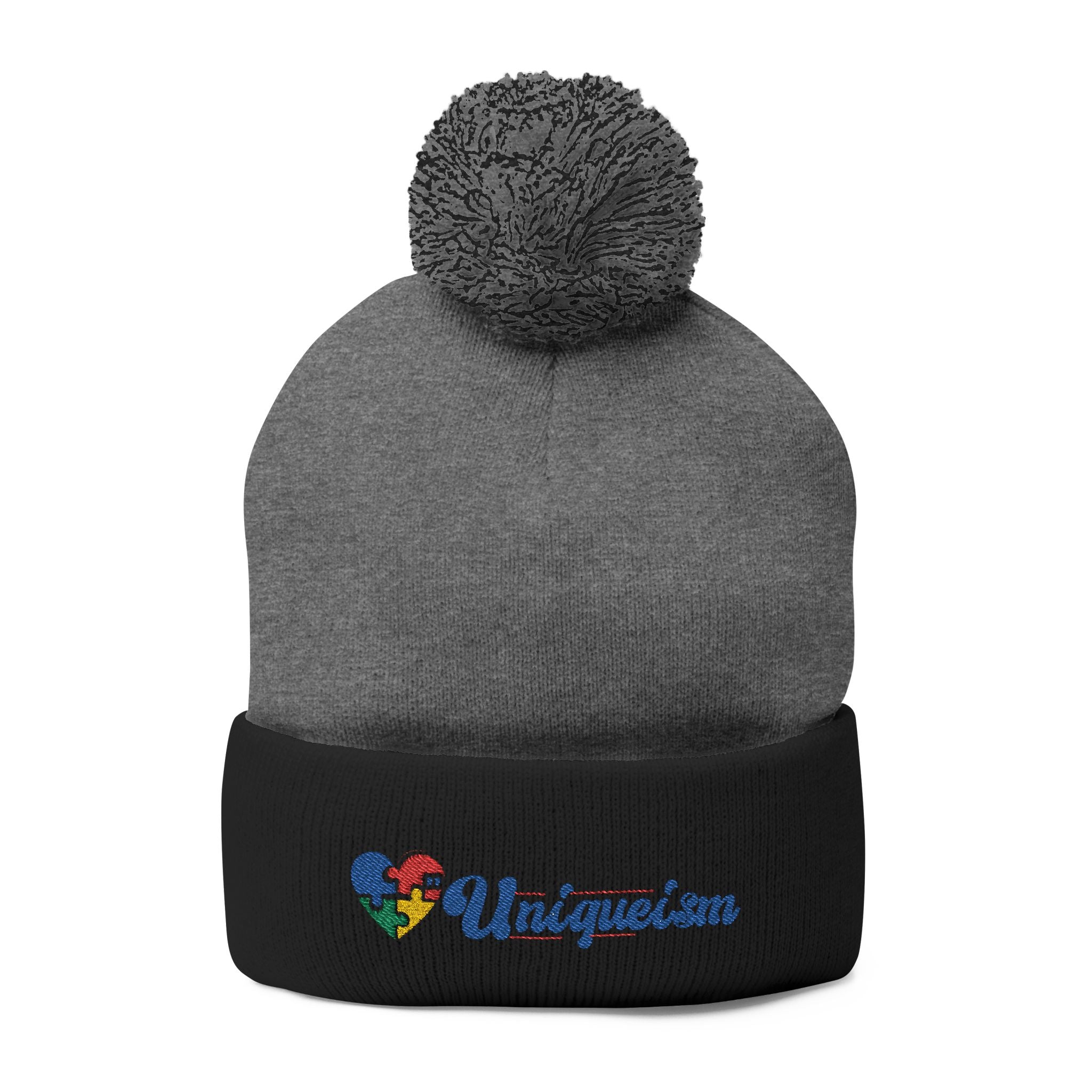 Embroidered Pom-Pom Beanie — Colorful Heart Logo Knit Cap