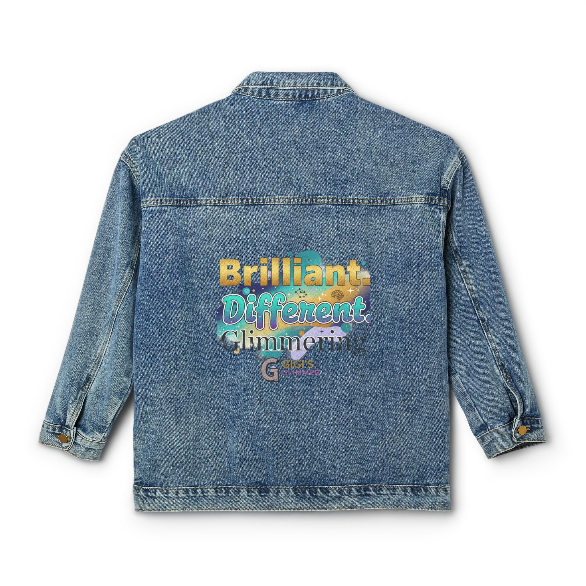 Denim Jacket — "Brilliant, Different, Glamorous" Colorful Graphic Back