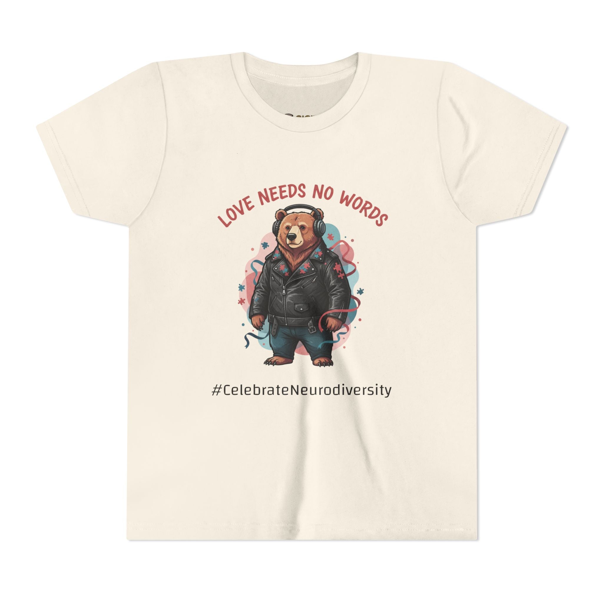 Youth Tee — "Love Needs No Words" Bear Graphic (Gigi's Glimmer)
