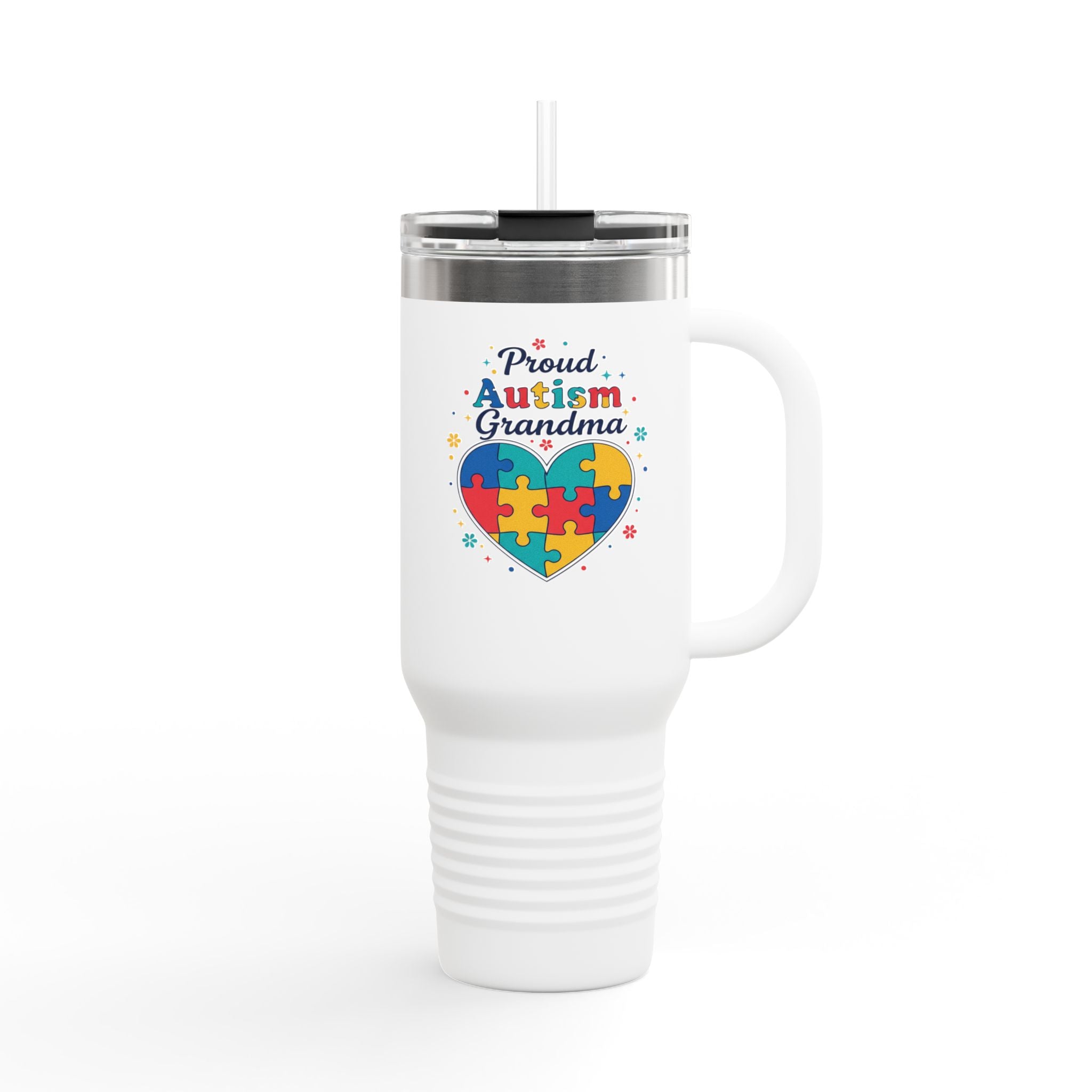 Proud Autism Grandma 40oz Insulated Travel Mug — Puzzle Heart Thermal Tumbler