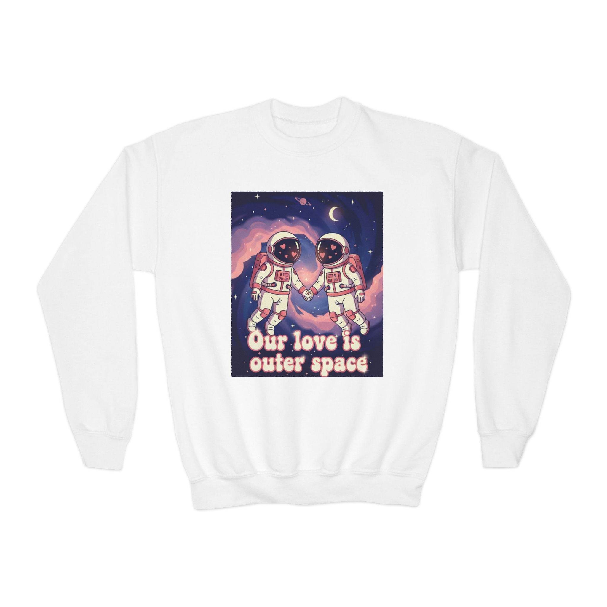 Youth Sweatshirt — “Our Love Is Outer Space” Astronaut Couple Crewneck
