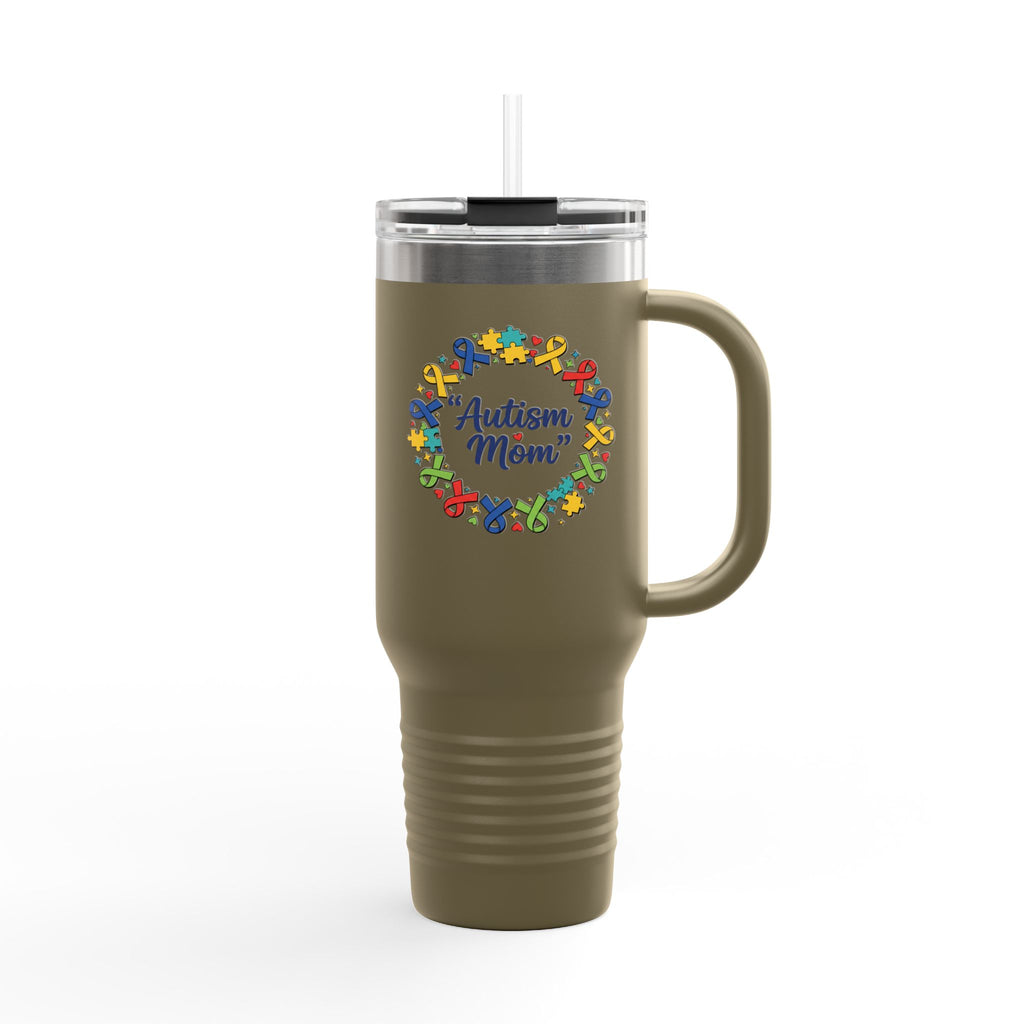 Autism Mom 40oz Insulated Travel Mug — Colorful Puzzle Ribbon Wreath