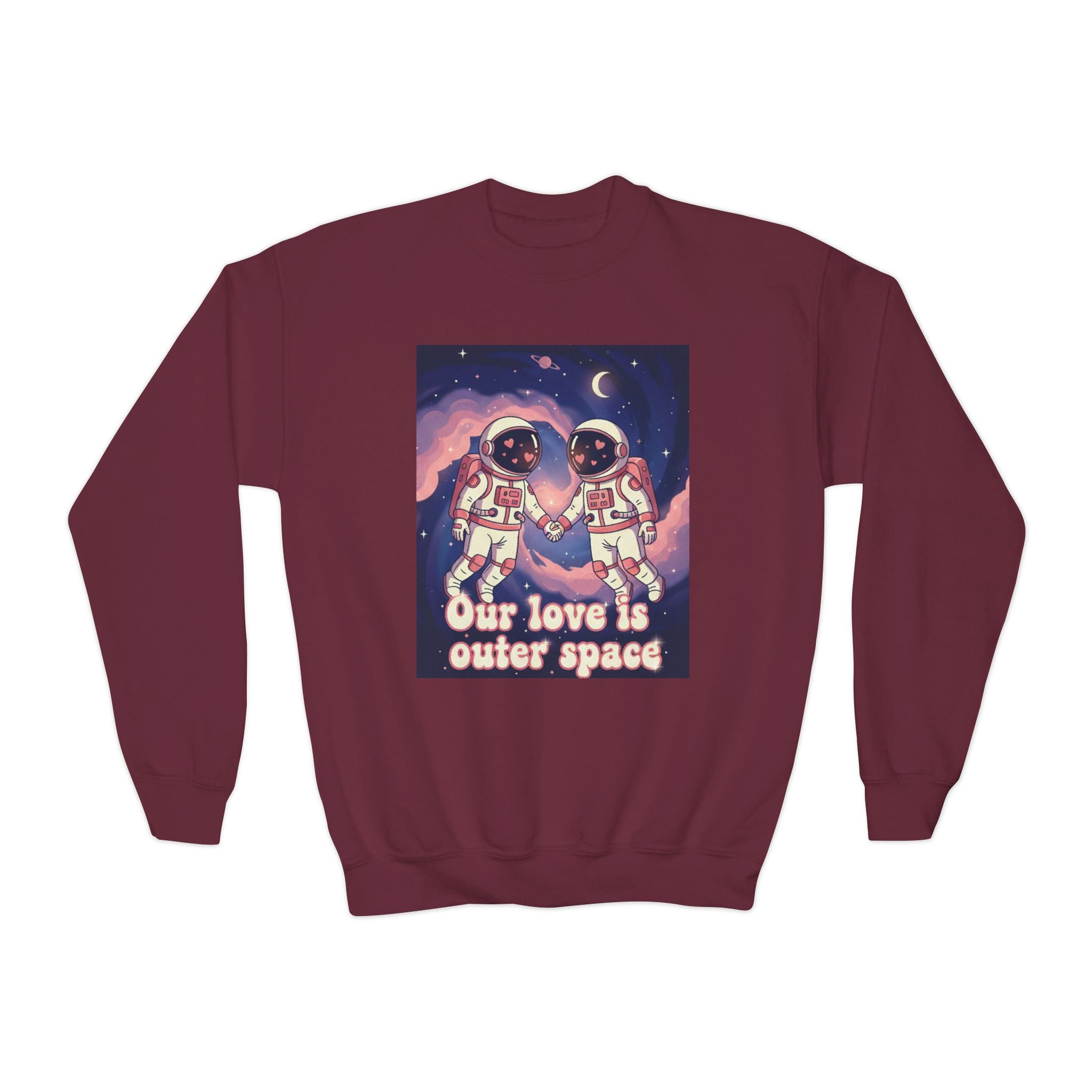 Youth Sweatshirt — “Our Love Is Outer Space” Astronaut Couple Crewneck