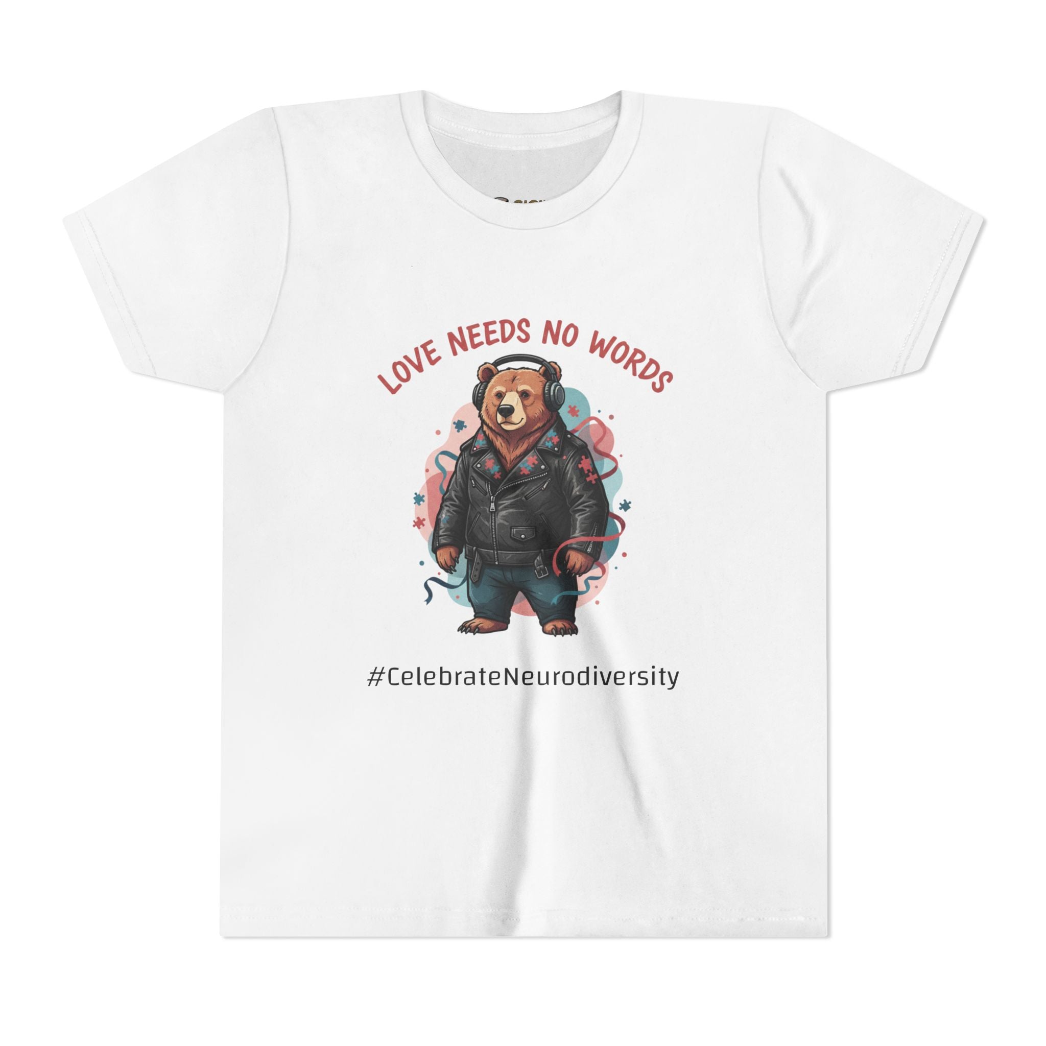 Youth Tee — "Love Needs No Words" Bear Graphic (Gigi's Glimmer)