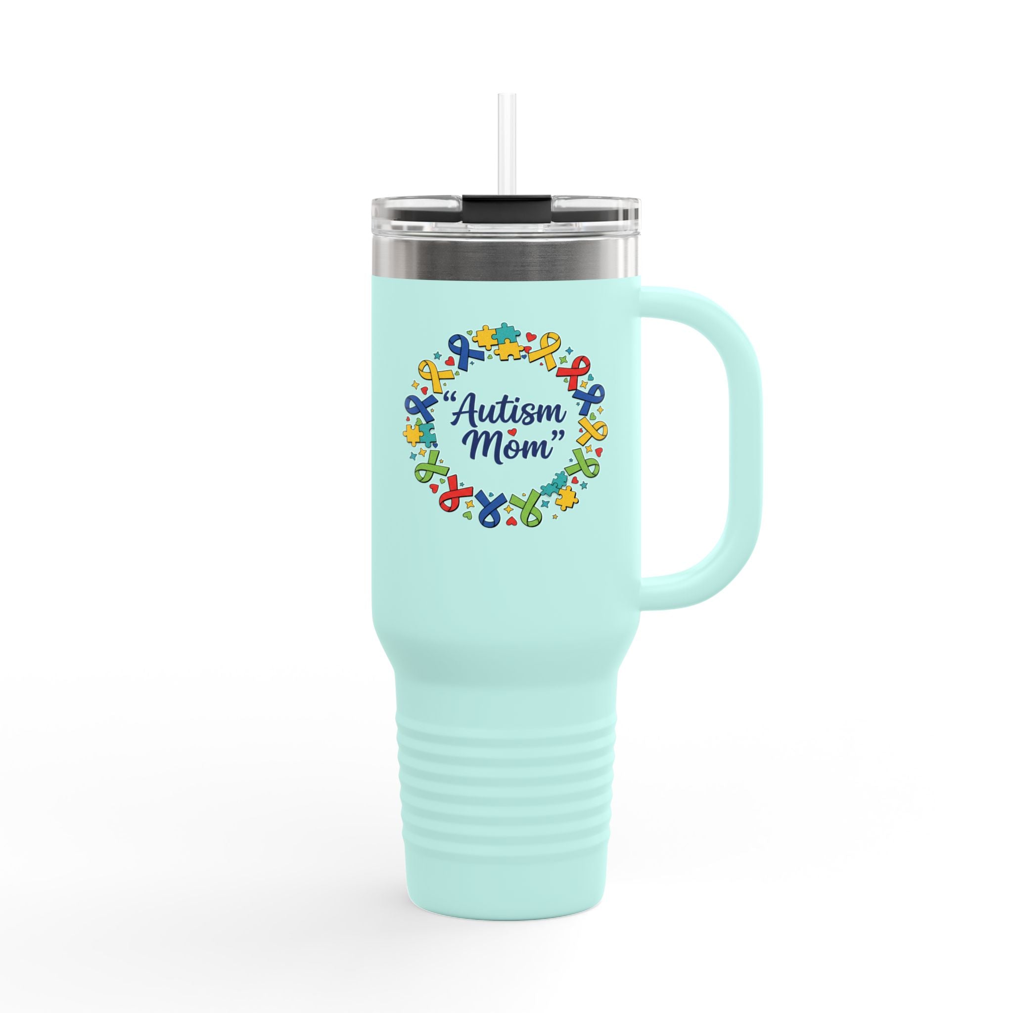 Autism Mom 40oz Insulated Travel Mug — Colorful Puzzle Ribbon Wreath