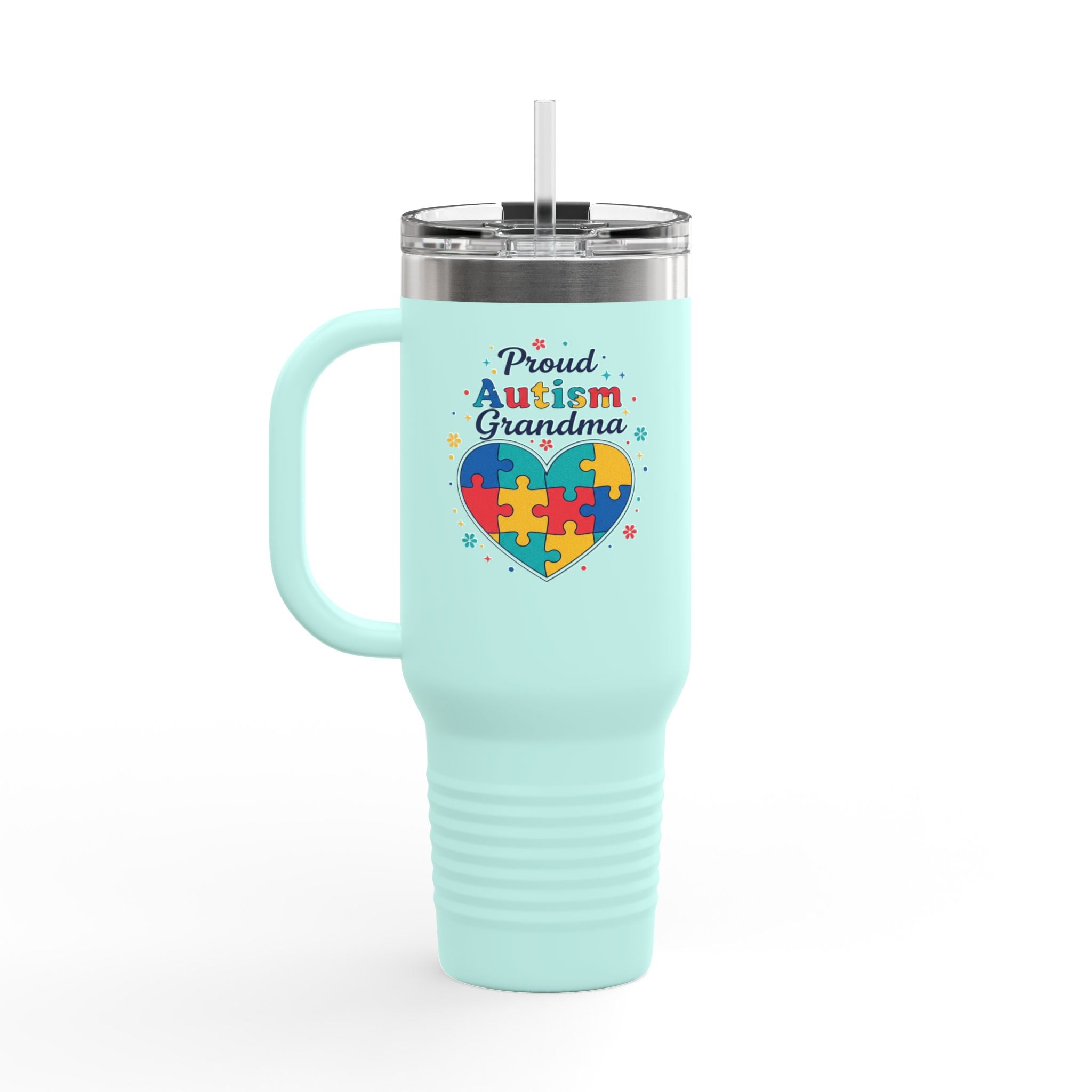 Proud Autism Grandma 40oz Insulated Travel Mug — Puzzle Heart Thermal Tumbler