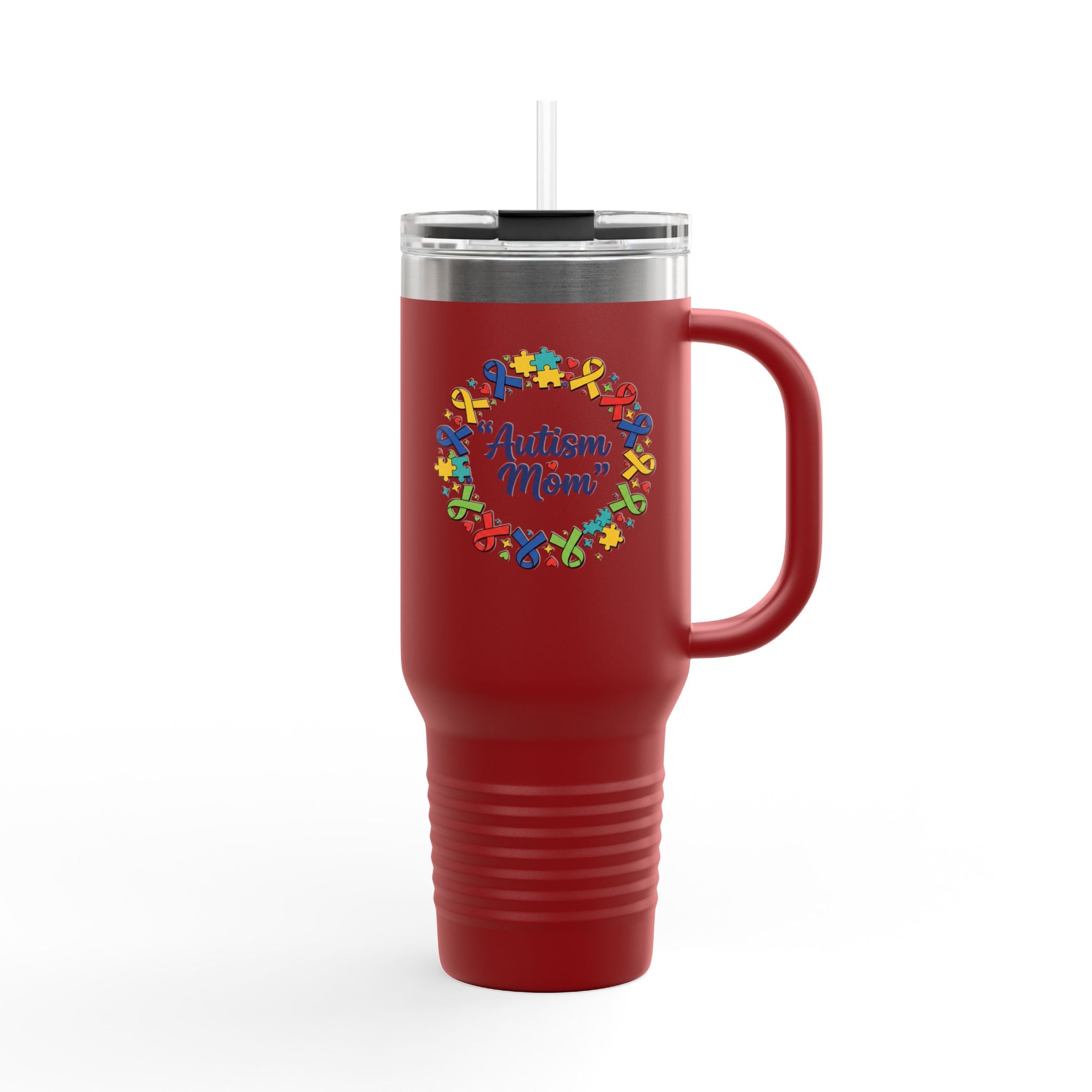 Autism Mom 40oz Insulated Travel Mug — Colorful Puzzle Ribbon Wreath