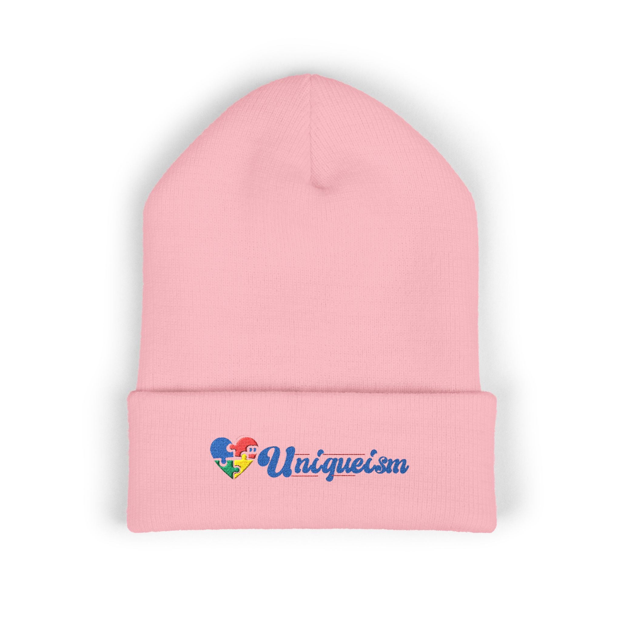 Embroidered "Unique'ism" Heart Beanie — Classic Cuffed Knit Hat