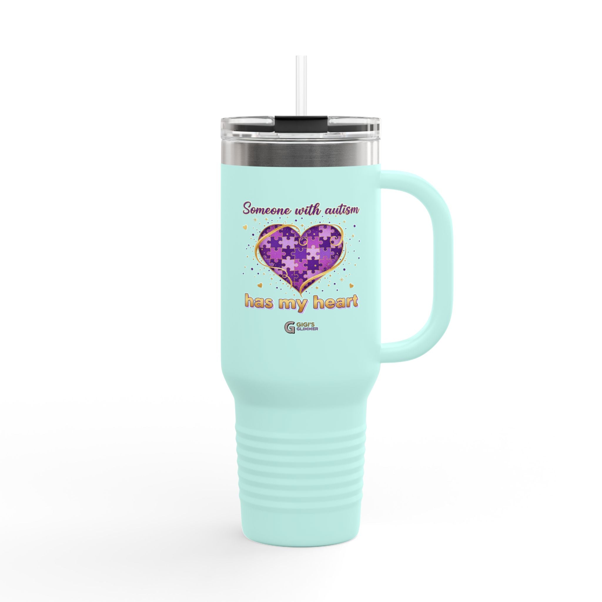 Autism Mom 40oz Insulated Travel Mug — Colorful Puzzle Ribbon Wreath