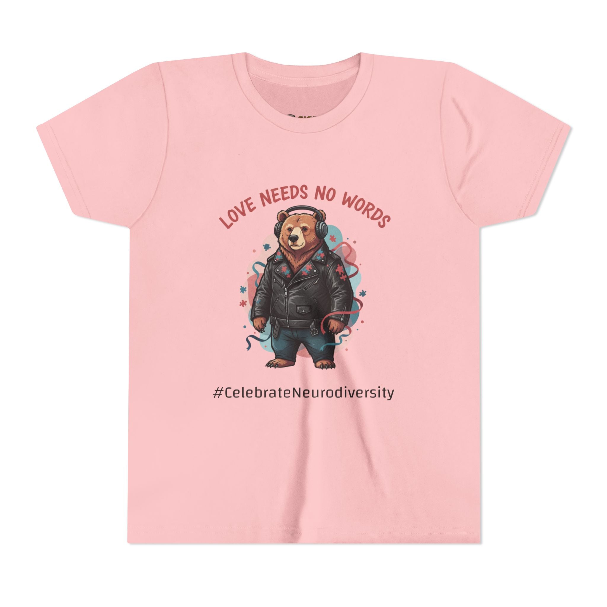 Youth Tee — "Love Needs No Words" Bear Graphic (Gigi's Glimmer)