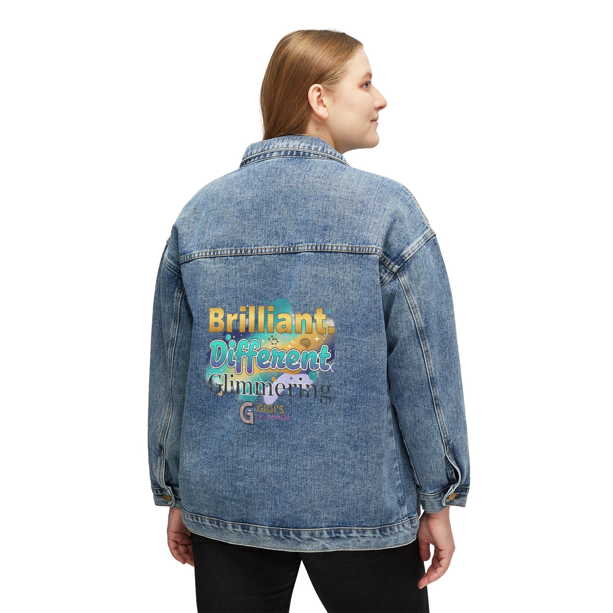 Denim Jacket — "Brilliant, Different, Glamorous" Colorful Graphic Back