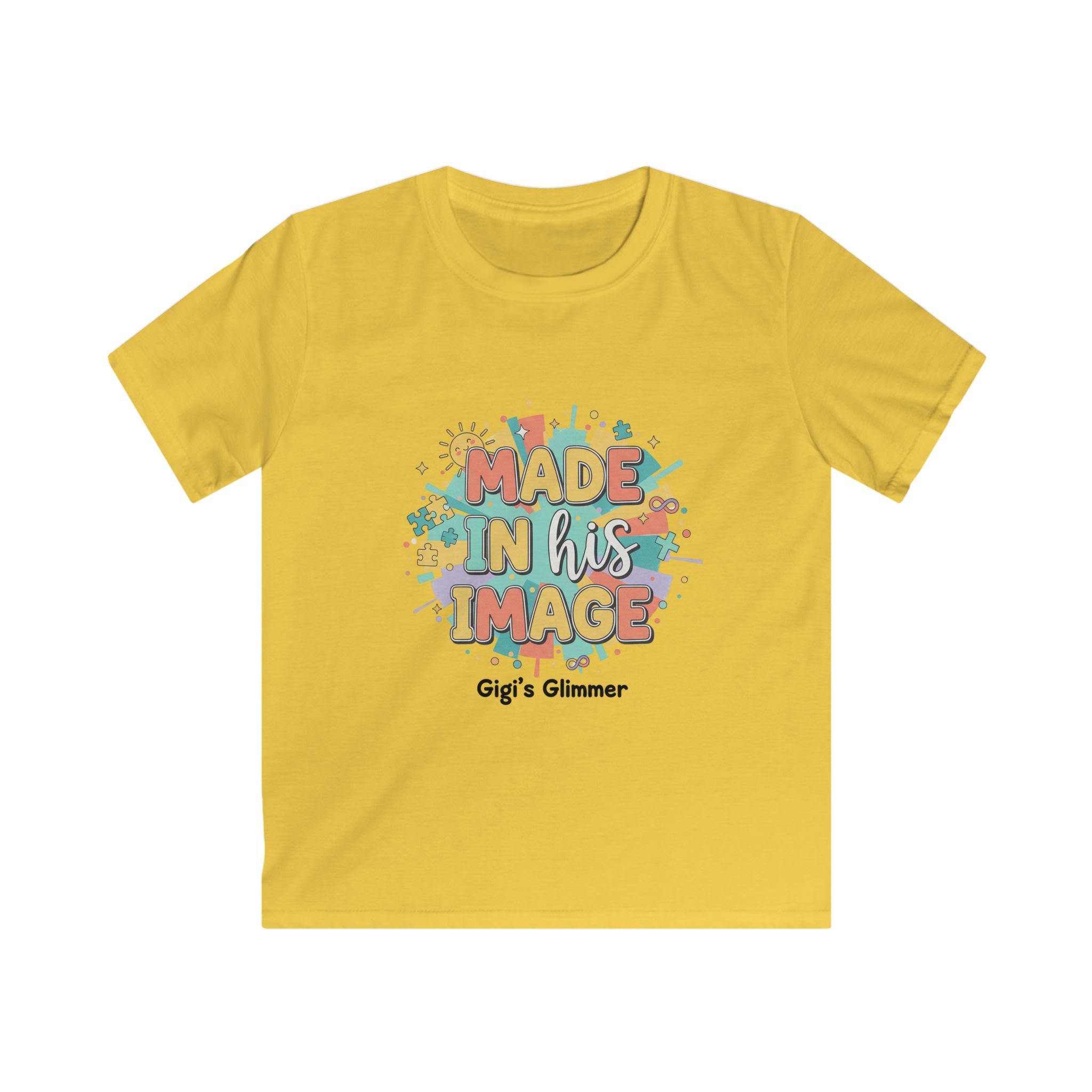 Kids Tee — "Made in His Image" Colorful Christian Graphic