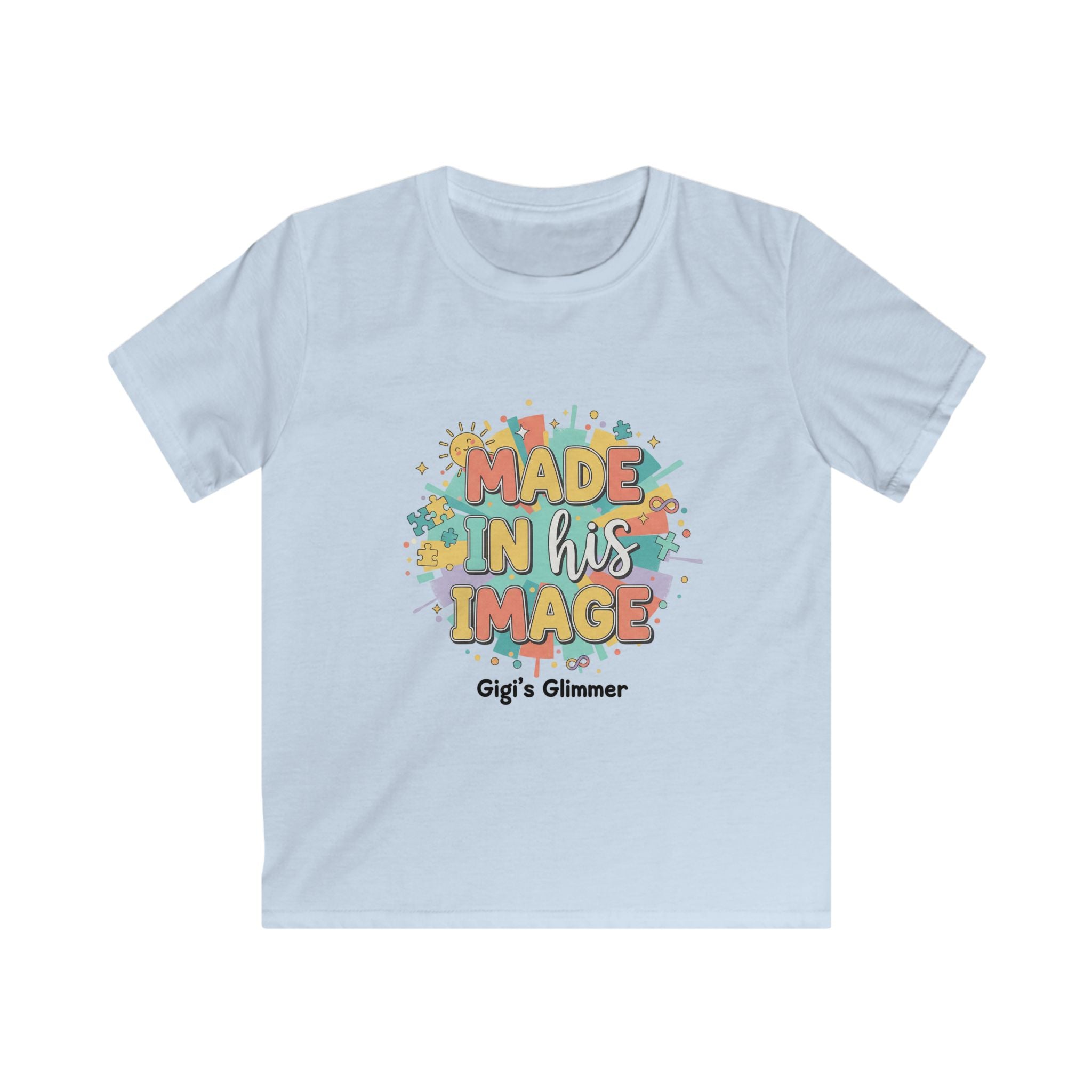 Kids Tee — "Made in His Image" Colorful Christian Graphic