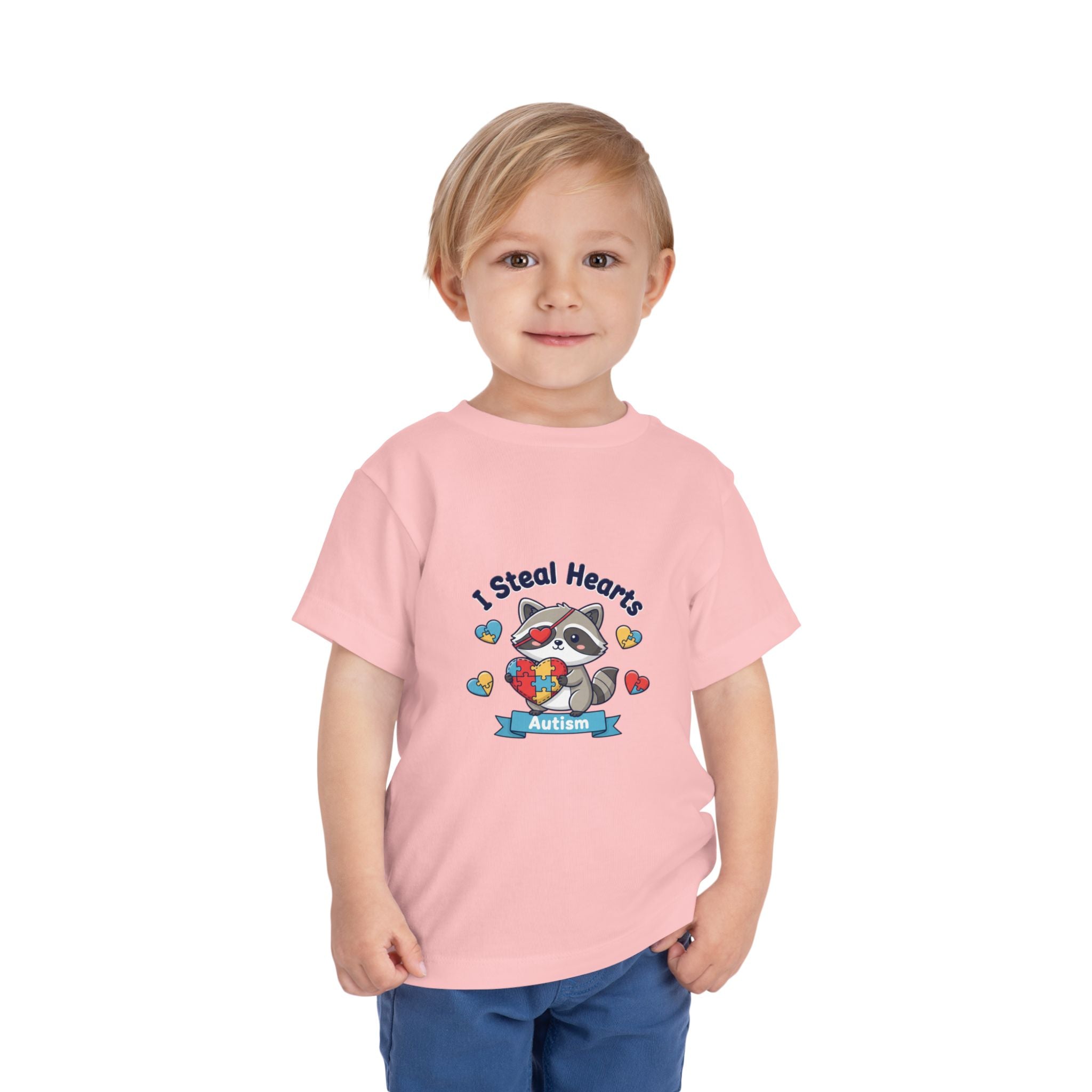 Autism Toddler Tee — "I Steal Hearts" Raccoon Design (Back: Powered by Love Inspired by Gigi)