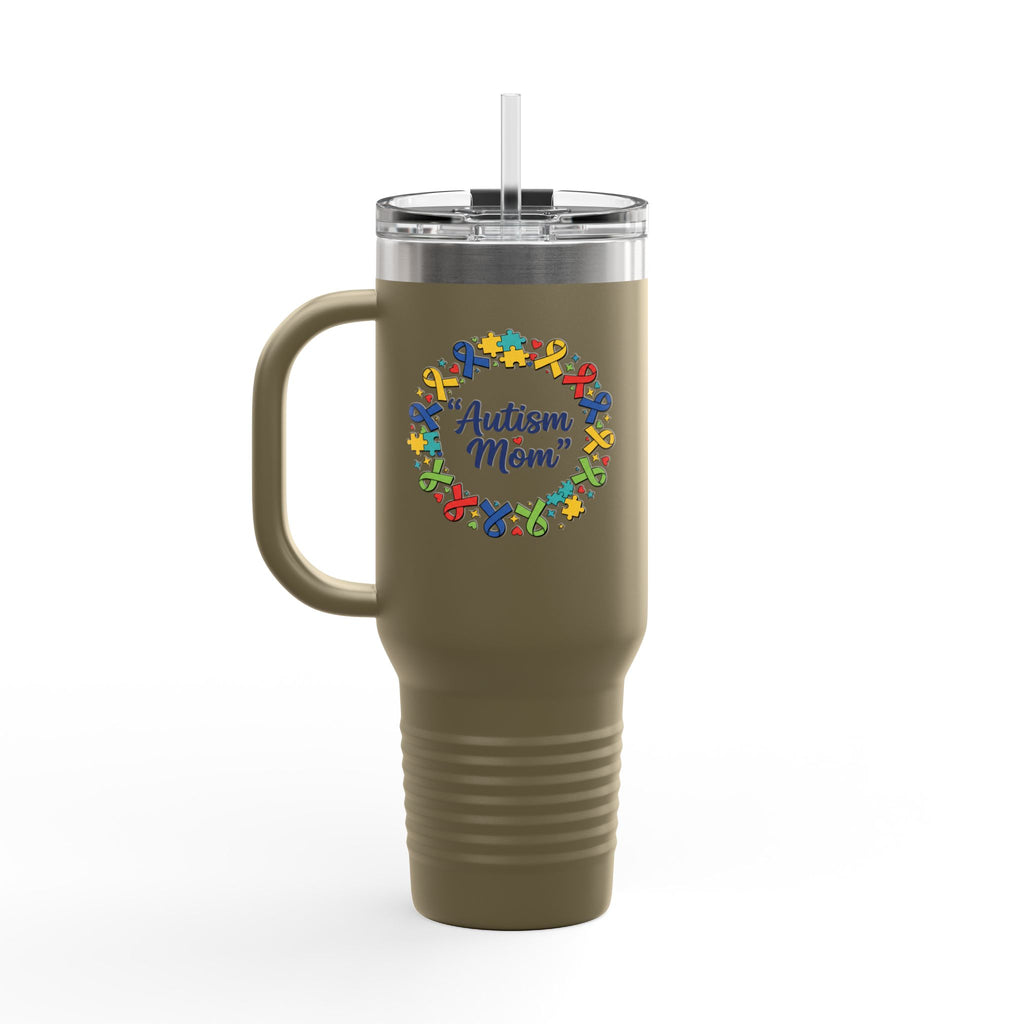 Autism Mom 40oz Insulated Travel Mug — Colorful Puzzle Ribbon Wreath