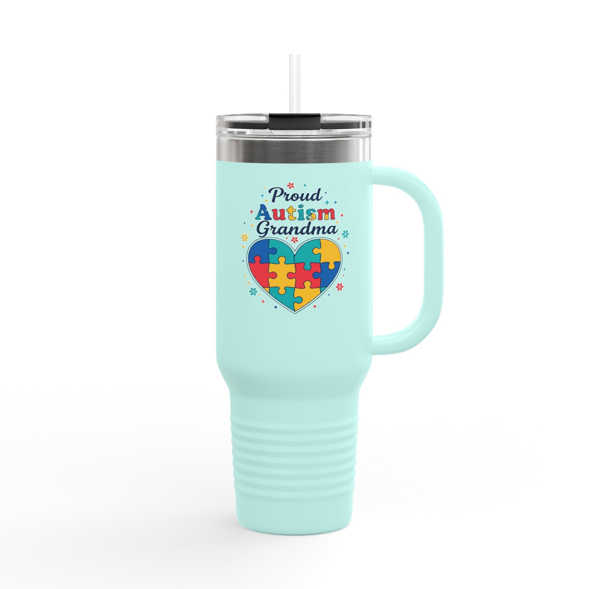 Proud Autism Grandma 40oz Insulated Travel Mug — Puzzle Heart Thermal Tumbler