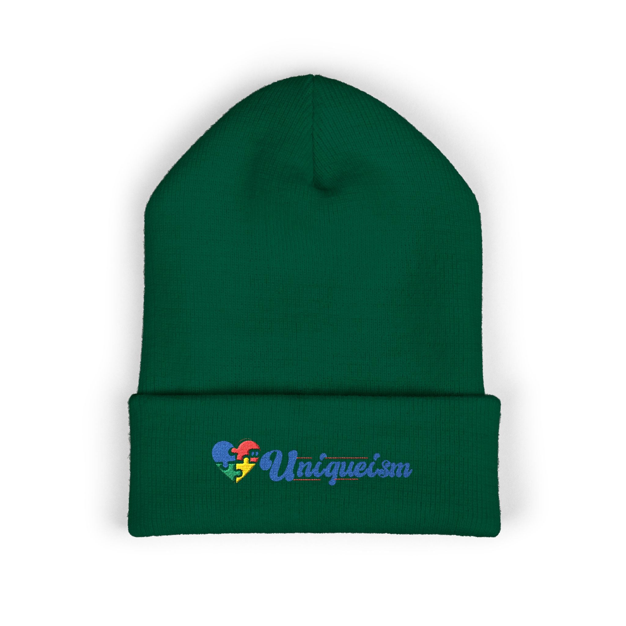 Embroidered "Unique'ism" Heart Beanie — Classic Cuffed Knit Hat
